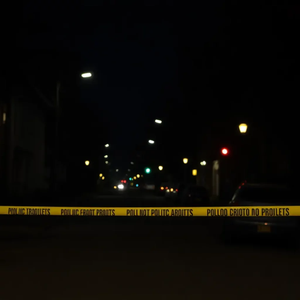 An eerie New England street scene at night with police tape