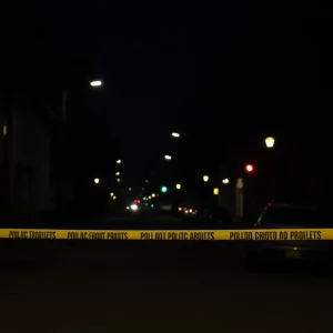 An eerie New England street scene at night with police tape