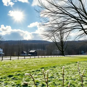 A view of New England displaying spring weather with snowflakes and green grass.