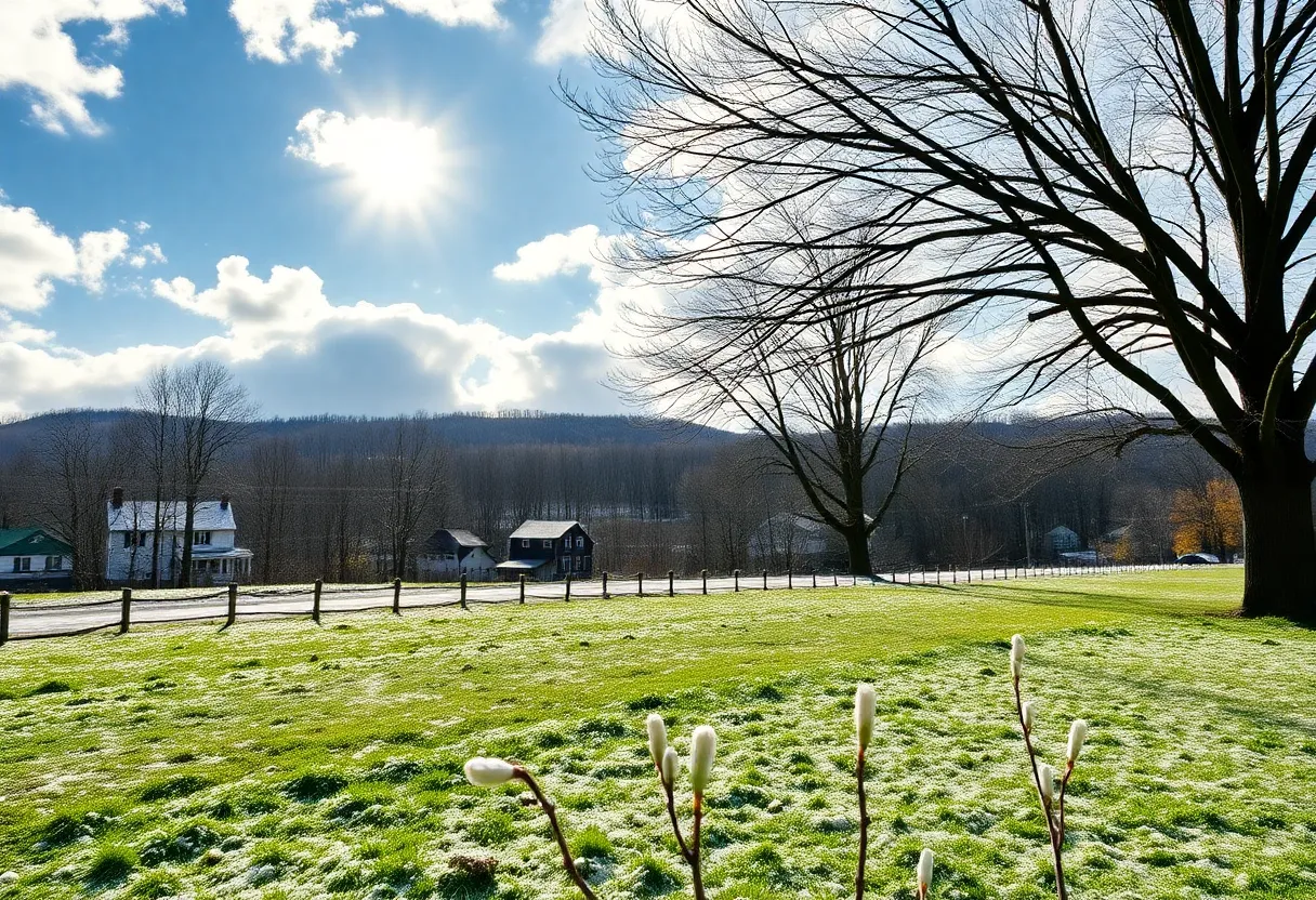 A view of New England displaying spring weather with snowflakes and green grass.