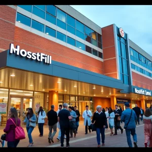 Exterior view of a Massachusetts nonprofit hospital with community interaction