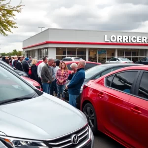 Customers outside a car dealership in Norwood due to new tariffs