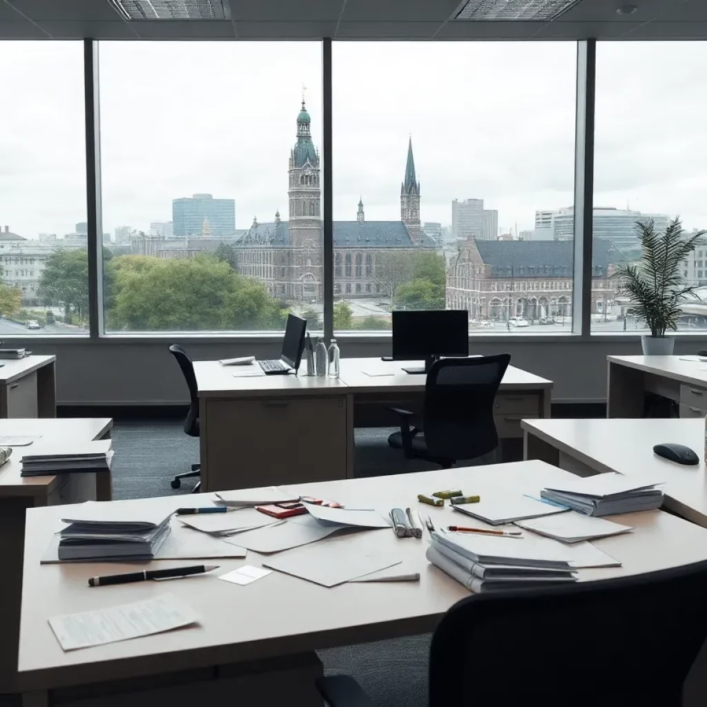 An empty office space at Ono Pharma with scattered paperwork, signifying layoffs.