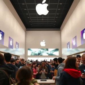 Customers shopping for iPads and iPhones at an Apple store.