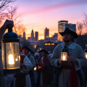 Reenactors portraying Paul Revere's midnight ride with lanterns in Boston