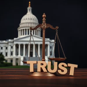 Conceptual art depicting political integrity and trust issues in light of recent fraud allegations.
