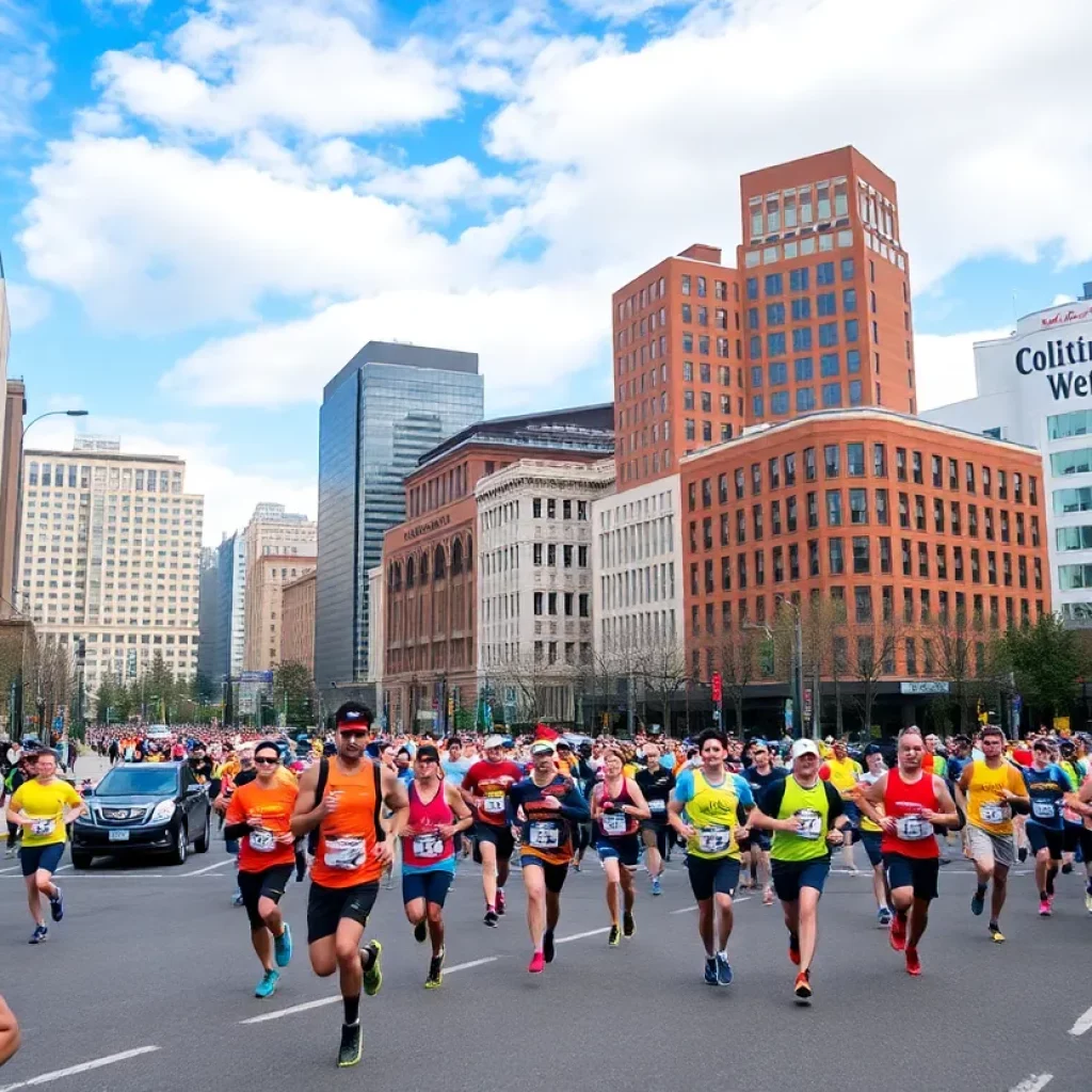 Runners in bright jerseys participating in the Boston Marathon in Portland.