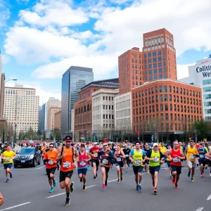 Runners in bright jerseys participating in the Boston Marathon in Portland.