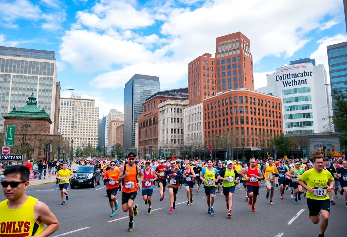 Runners in bright jerseys participating in the Boston Marathon in Portland.