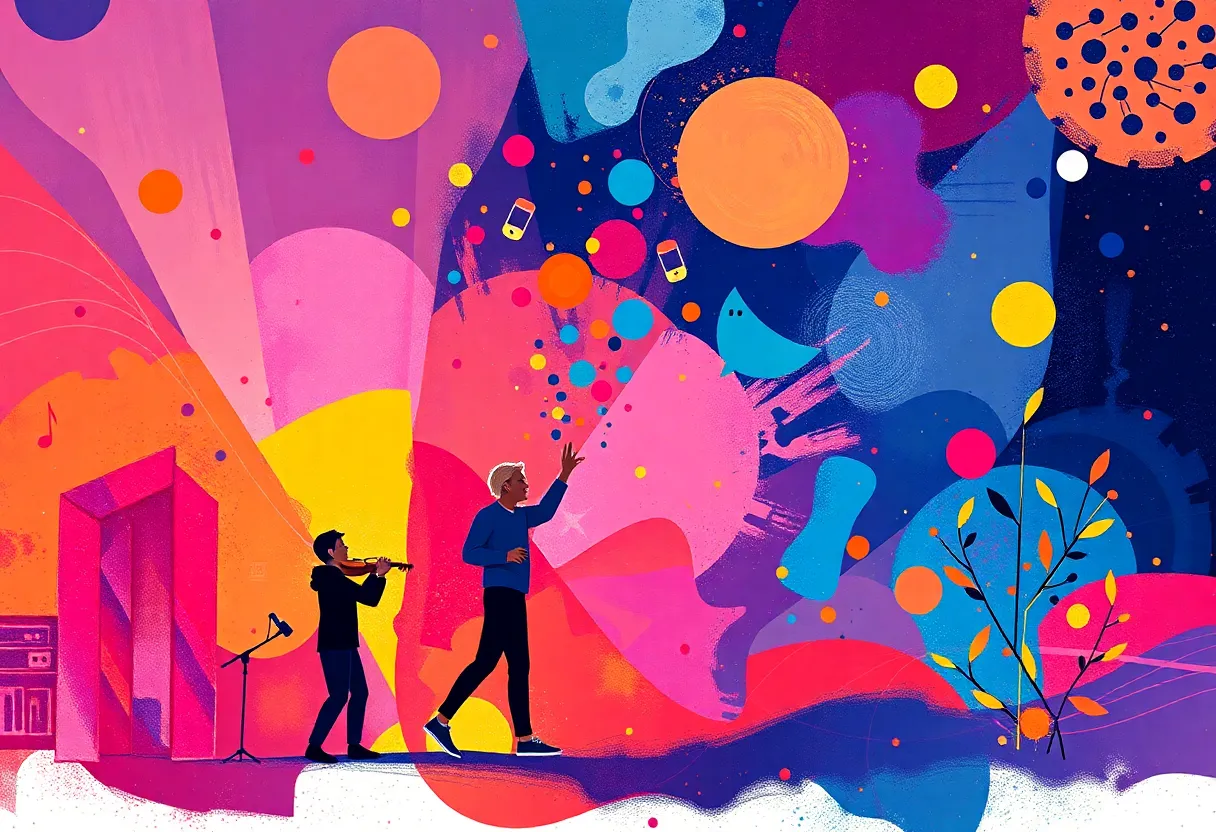Illustration of a woman on a musical journey, representing self-discovery and growth.
