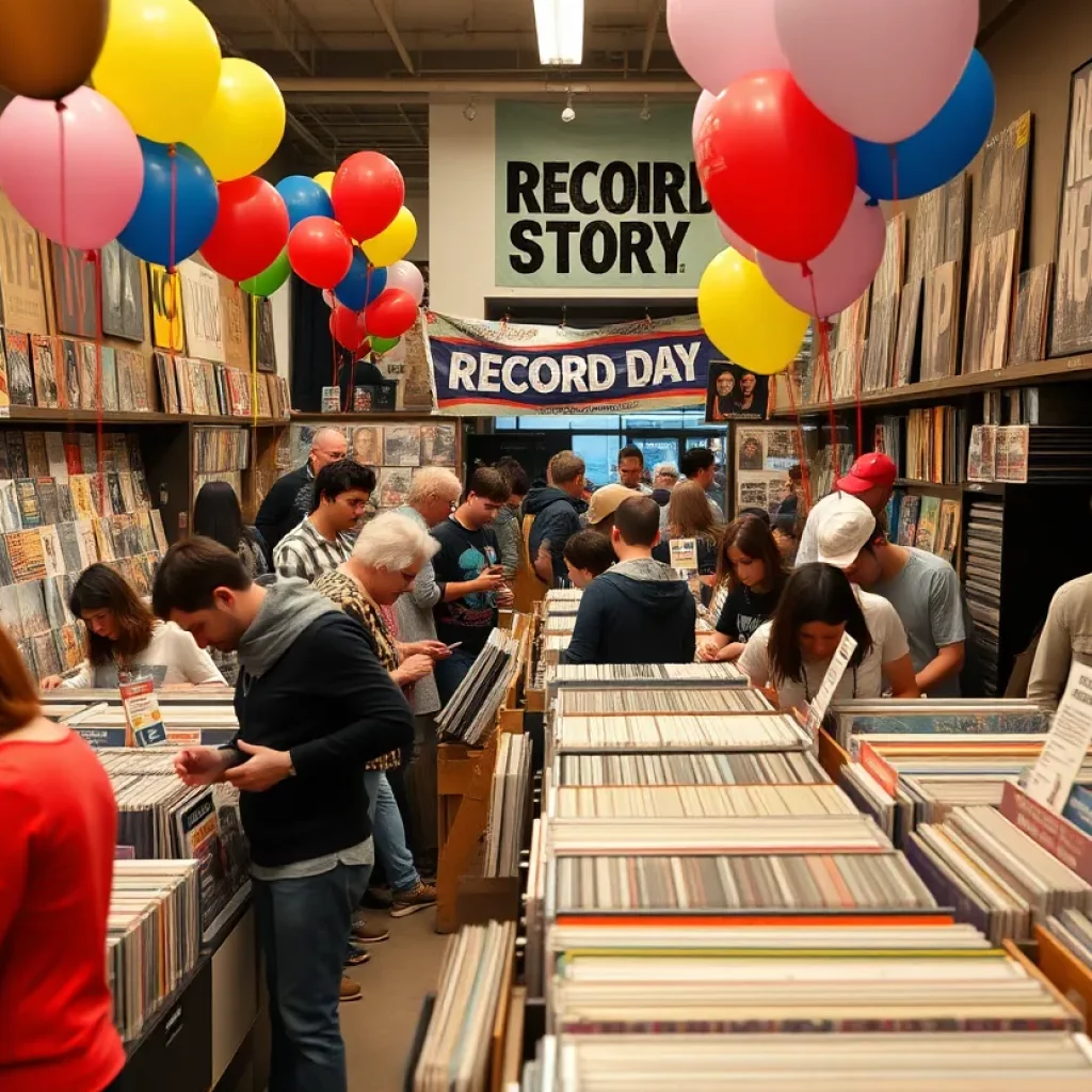 Music enthusiasts enjoying Record Store Day at a local vinyl shop