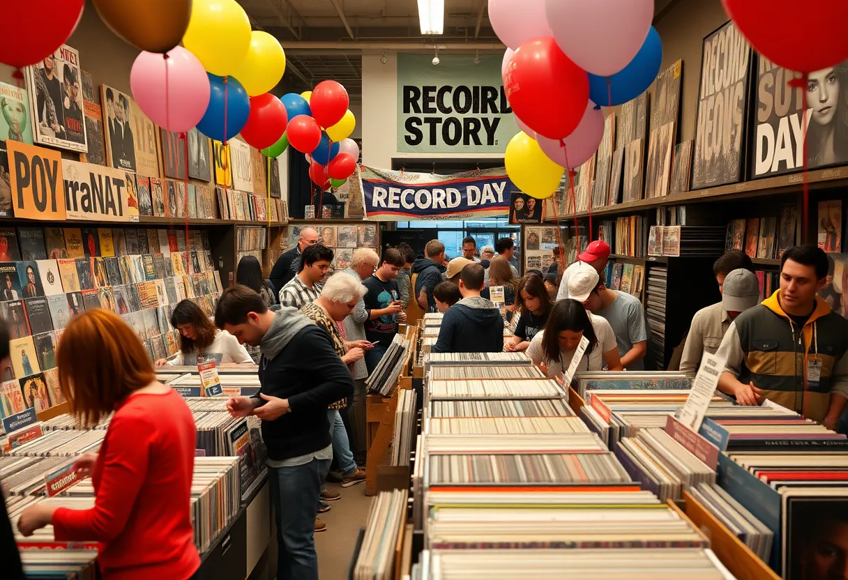 Music enthusiasts enjoying Record Store Day at a local vinyl shop