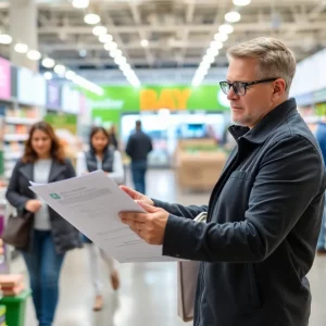 Retailer reviewing compliance guidelines in a store