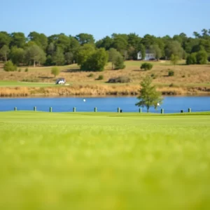 Golfers playing on a scenic Rhode Island golf course with blooming flowers