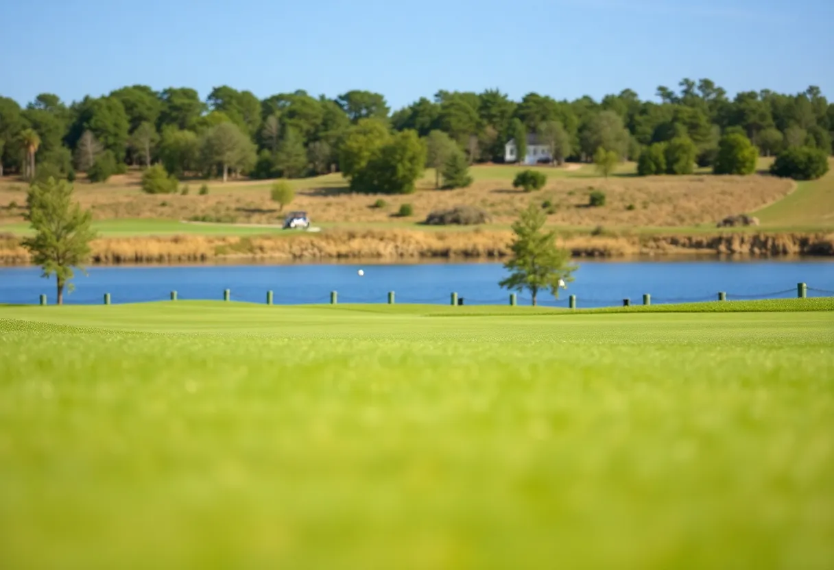 Golfers playing on a scenic Rhode Island golf course with blooming flowers