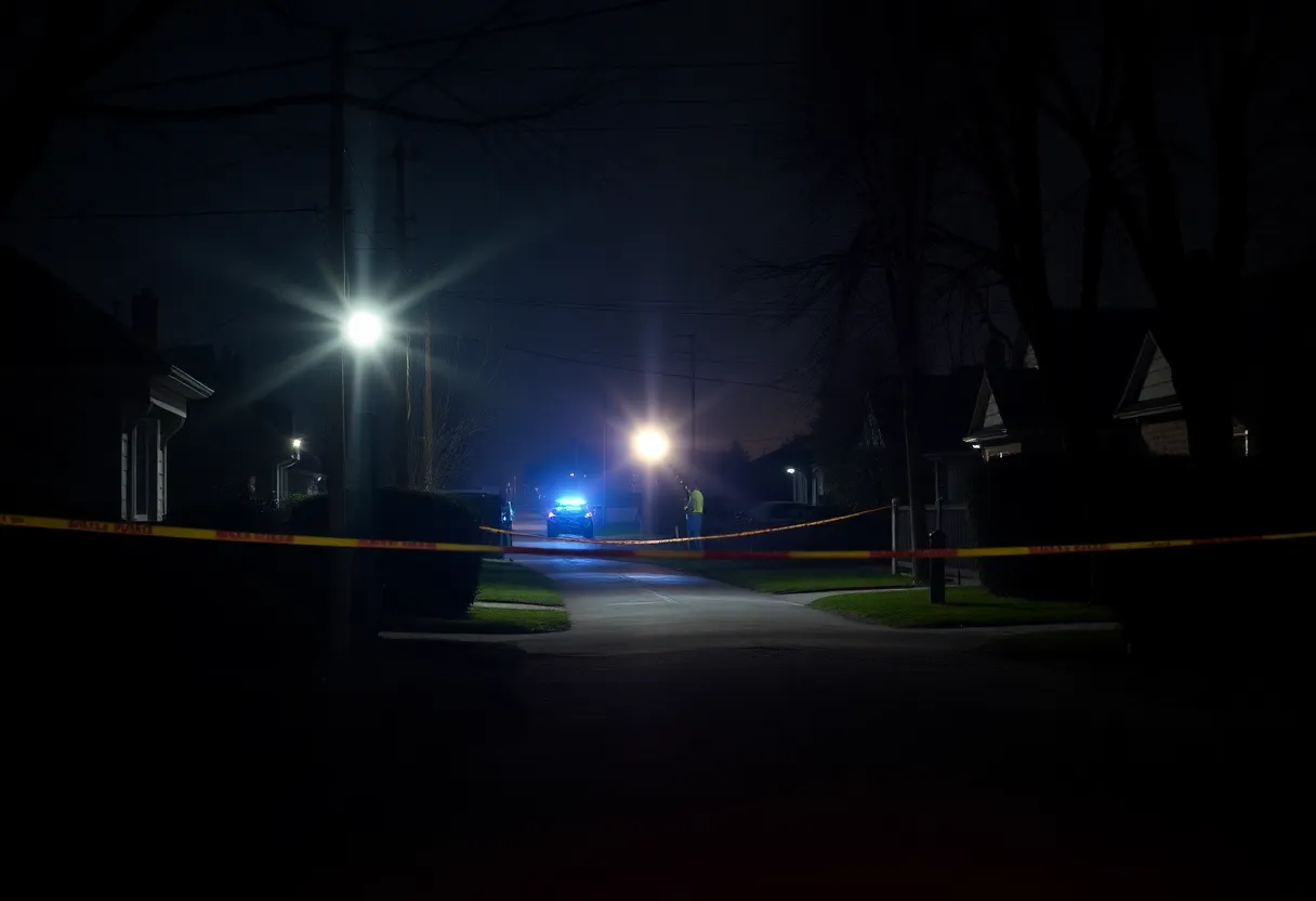 Police lights illuminating a Roxbury neighborhood at night