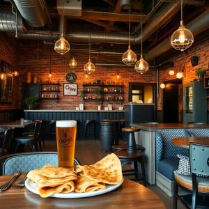 Interior of The Skinny Pancake restaurant with crepes and beers displayed