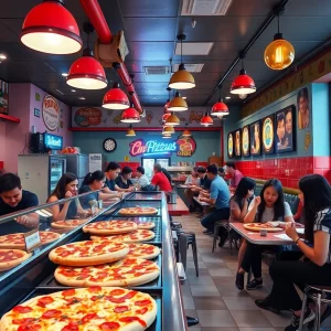 Interior view of Slice House pizzeria with pizza slices on display