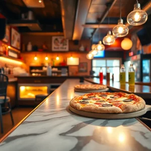 Interior of Slice House Pizzeria in Somerville, showcasing delicious pizza slices.