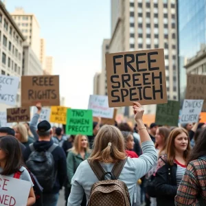 Protesters advocating for free speech and human rights in Somerville