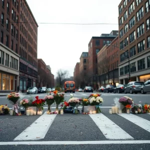 Memorial with flowers and candles at a crosswalk