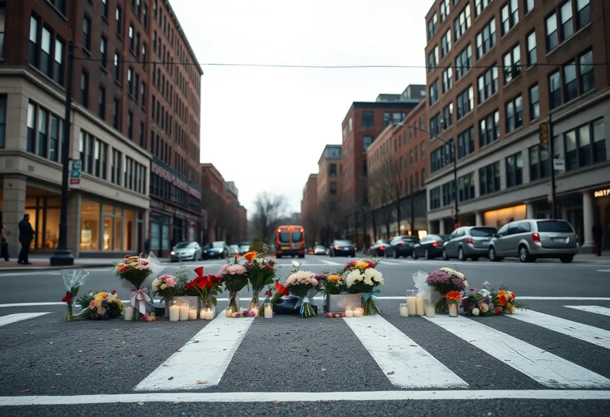 Memorial with flowers and candles at a crosswalk