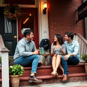 A couple enjoying a fun date on a stoop in South Boston.
