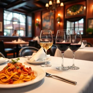 Interior of Strip by Strega restaurant with dining setup