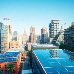 Modern cityscape showcasing renewable energy technology and green buildings