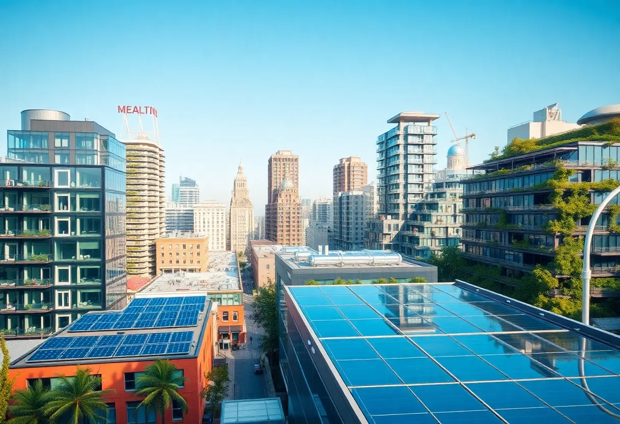 Modern cityscape showcasing renewable energy technology and green buildings