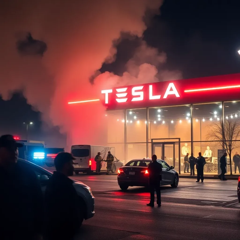Firefighters at the scene of a Tesla Center arson incident