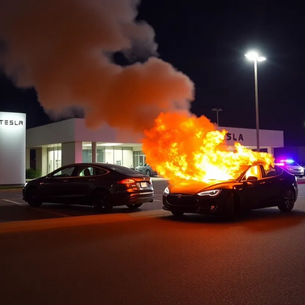 Fire at Tesla dealership with police presence