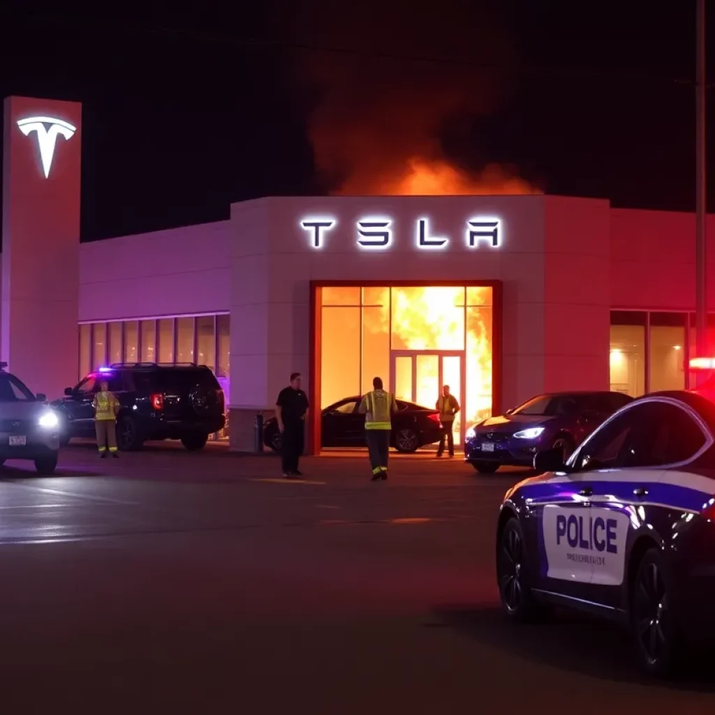 Firefighters responding to a fire at a Tesla dealership