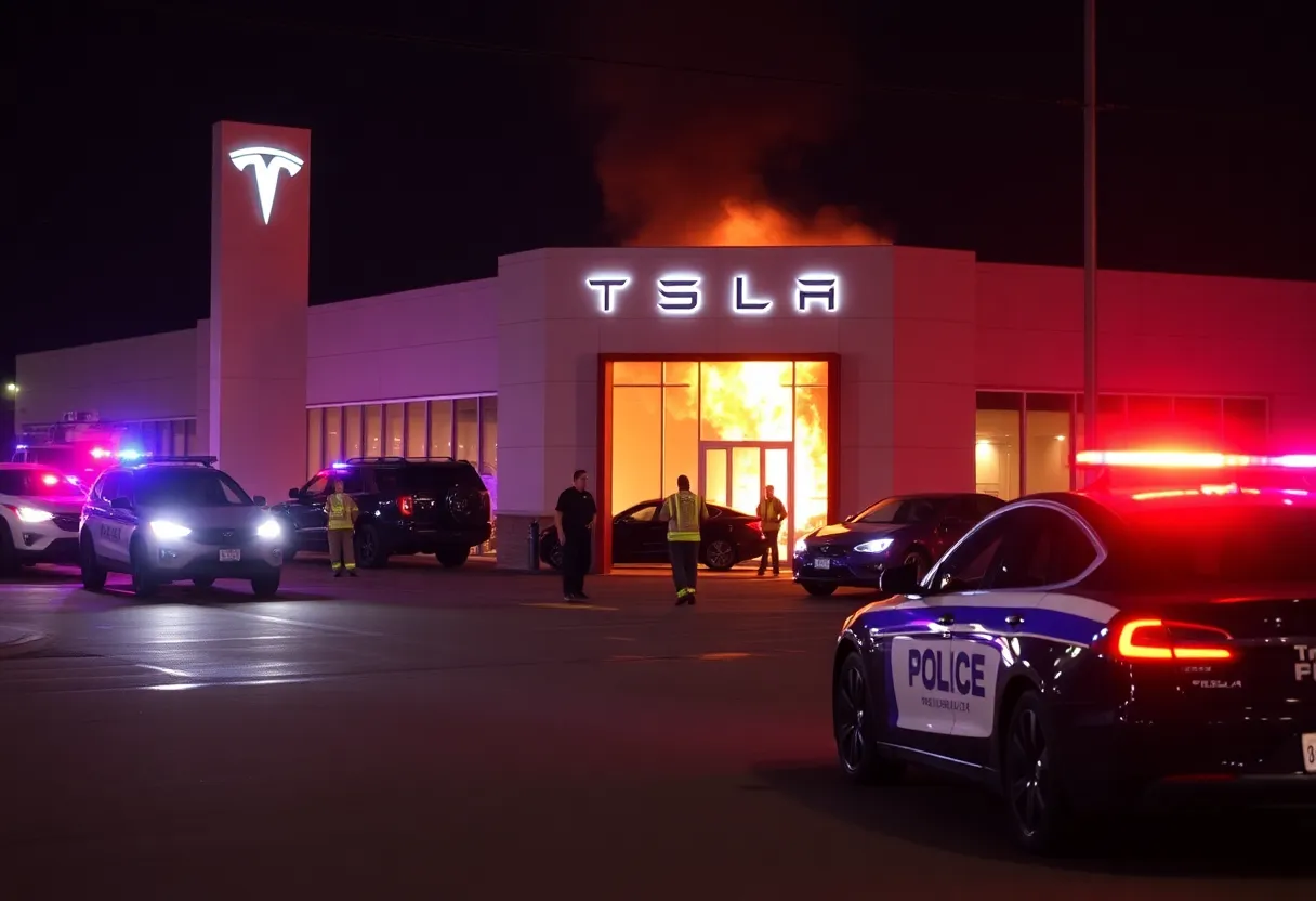 Firefighters responding to a fire at a Tesla dealership