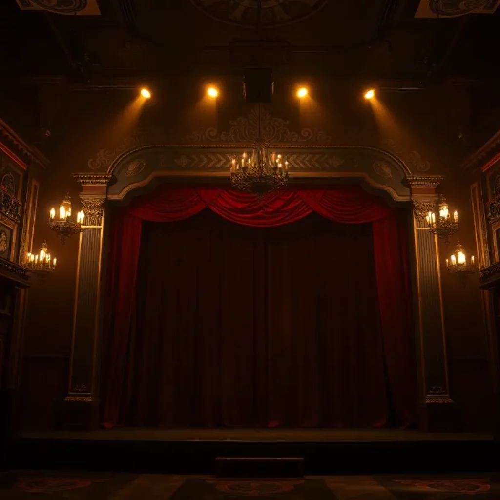 Stage design for the play 'As Bees in Honey Drown' featuring dramatic lighting