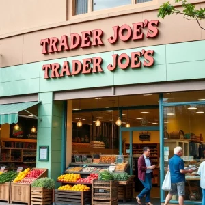 Exterior view of Trader Joe's store in West Roxbury, Boston.