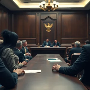 Courtroom scene capturing the tension of a murder trial in Boston.