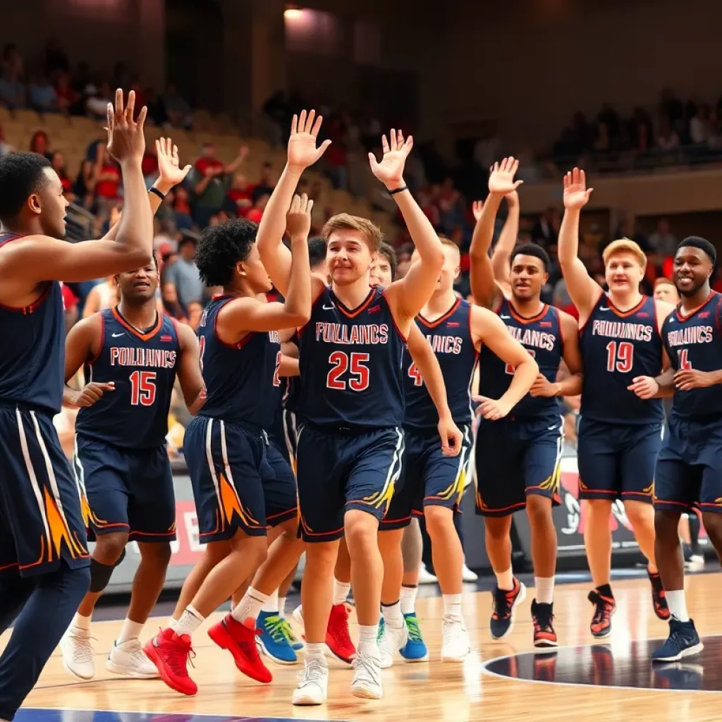 UMass Men's Basketball team celebrating their victory on the court