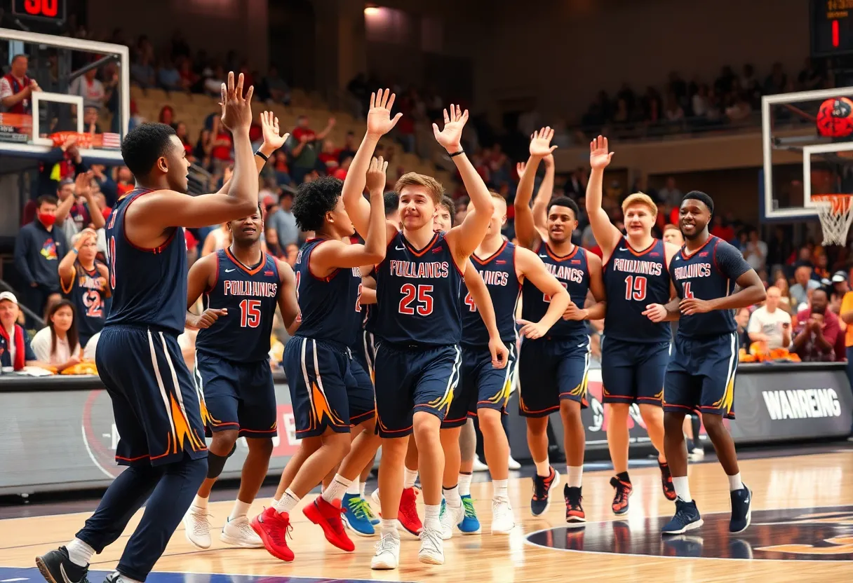 UMass Men's Basketball team celebrating their victory on the court
