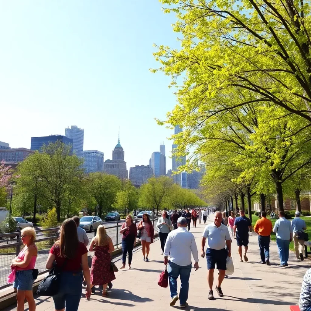 People enjoying a warm May day in Boston with green trees and blue skies.
