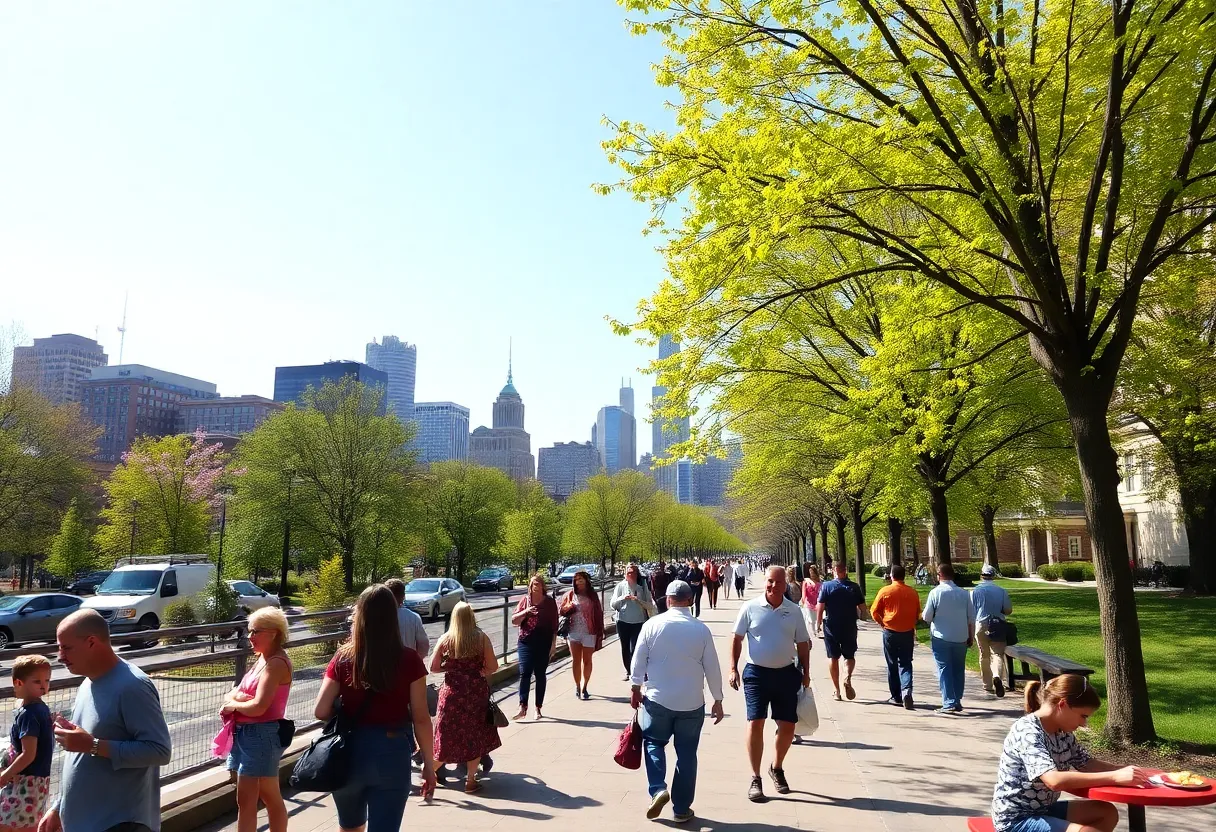 People enjoying a warm May day in Boston with green trees and blue skies.