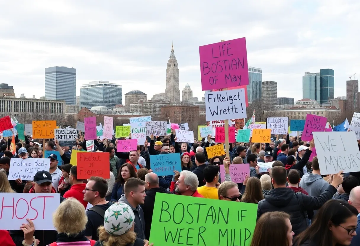 A vibrant protest in Boston with diverse crowd holding signs