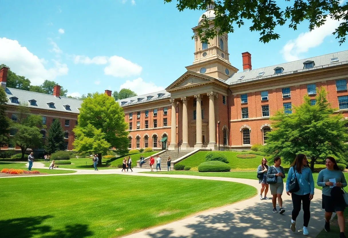 Scenic view of the Wellesley College campus with students