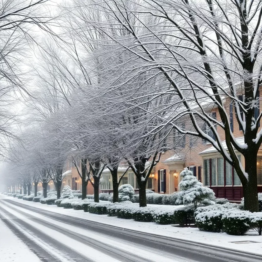 Snow-covered street in Massachusetts during a winter day