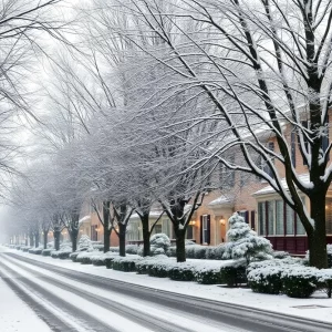 Snow-covered street in Massachusetts during a winter day