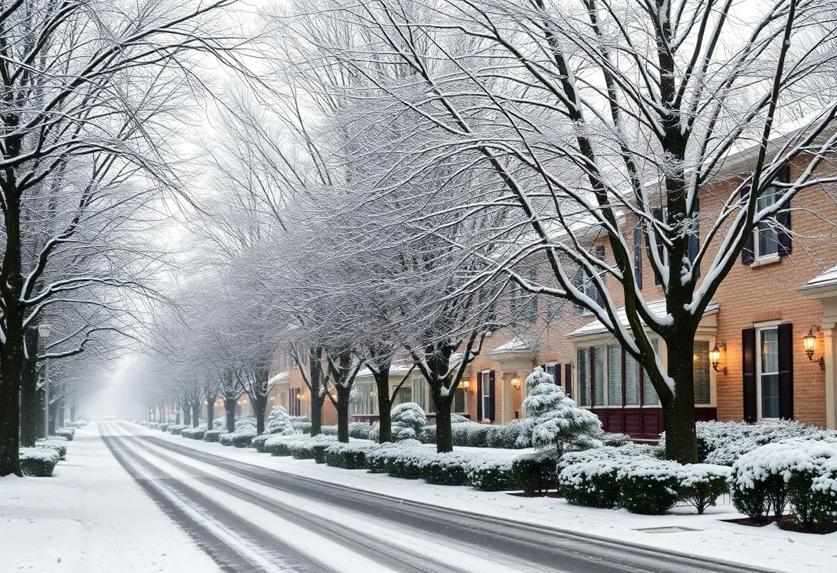 Snow-covered street in Massachusetts during a winter day