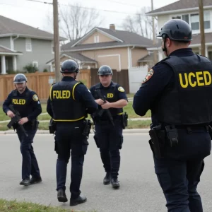 Federal agents in vests conducting an immigration operation in a residential neighborhood