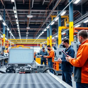 Workers in a manufacturing facility using advanced technology