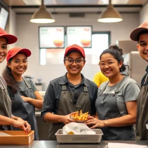 Young workers in a fast-food restaurant setting following labor laws
