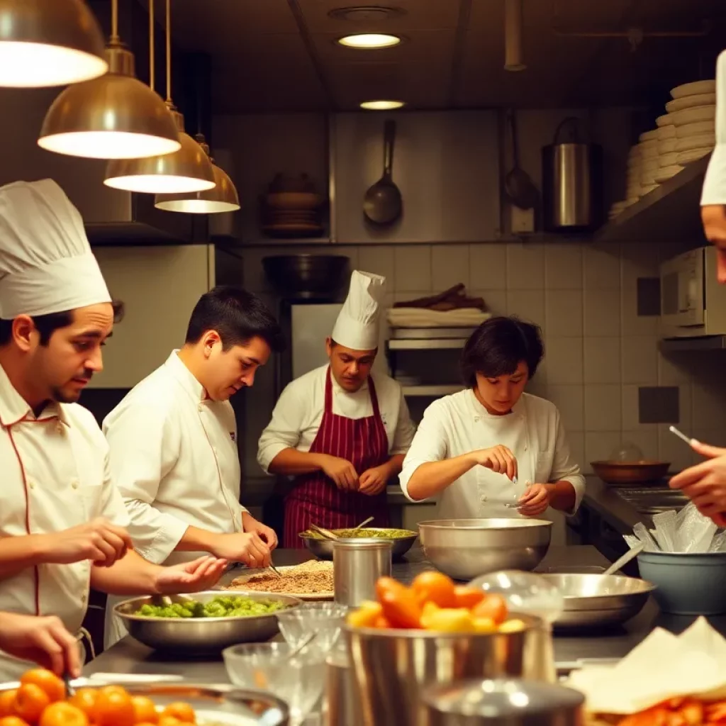 A dynamic restaurant kitchen scene from the 1970s with diverse employees working harmoniously.